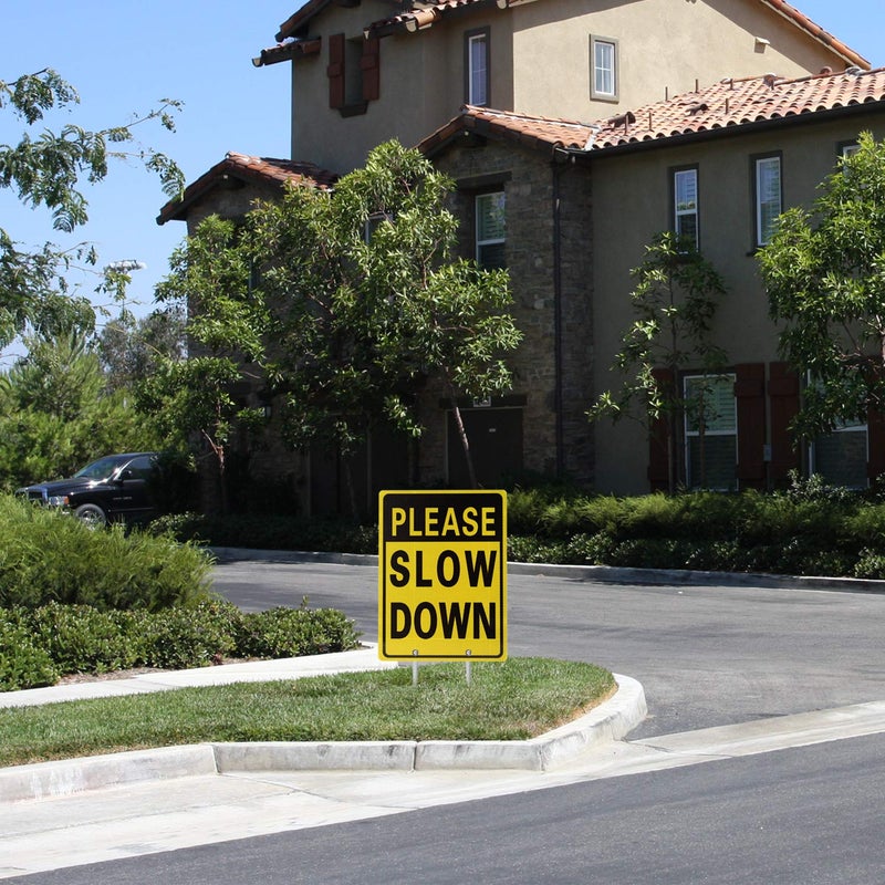 Kichwit Please Slow Down Sign, 16 Inch x 12 Inch/28 Inch High, Double Sided Aluminum Reflective Slow Down Sign with Metal Stakes - Image 4